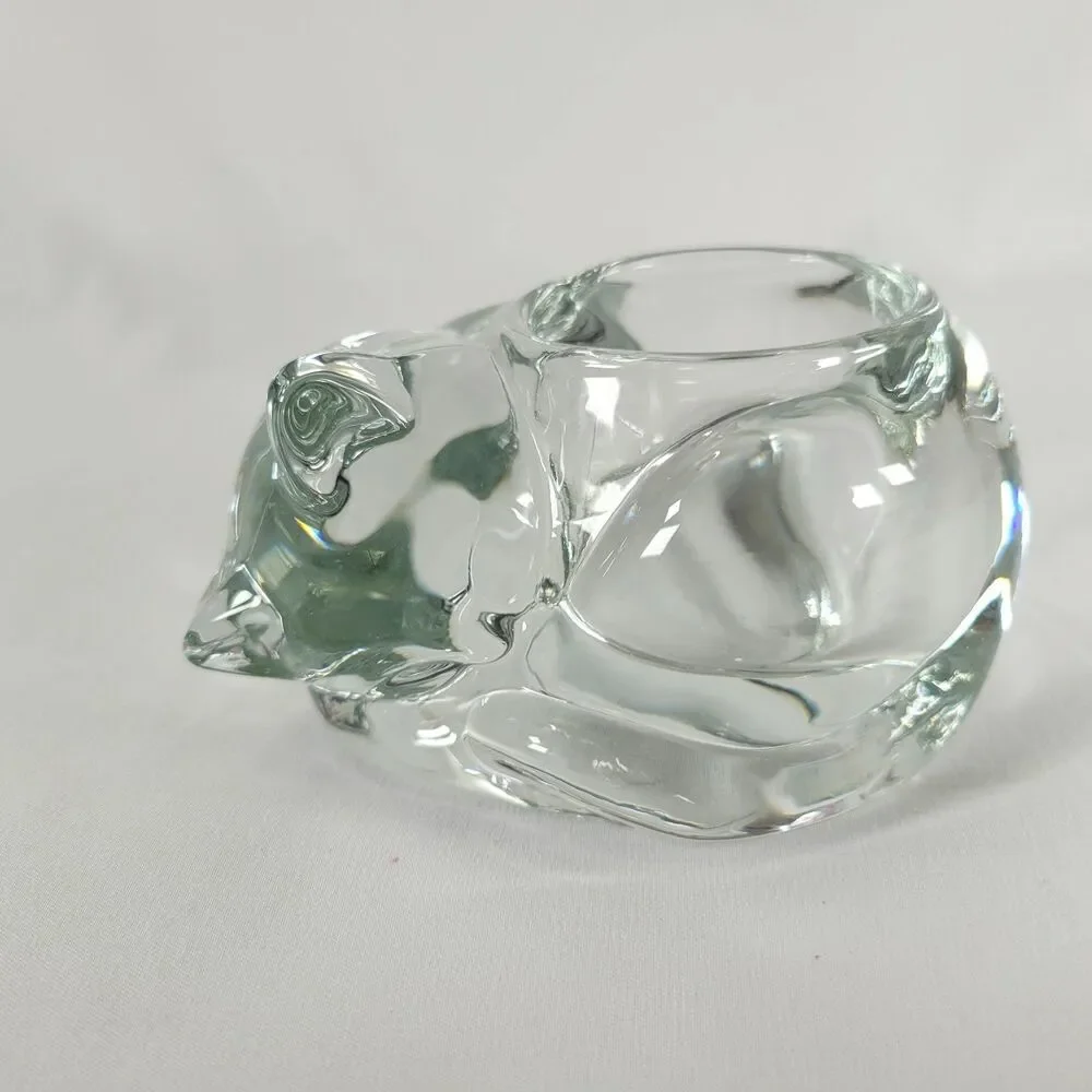 Vintage Indiana Glass Sleeping Kitty Cat Clear Votive Tealight Candle Holder MCM